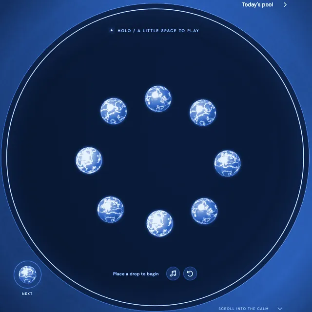 The Ripple Pool board in blue tones: a round pool with eight glowing drops waiting to collide.