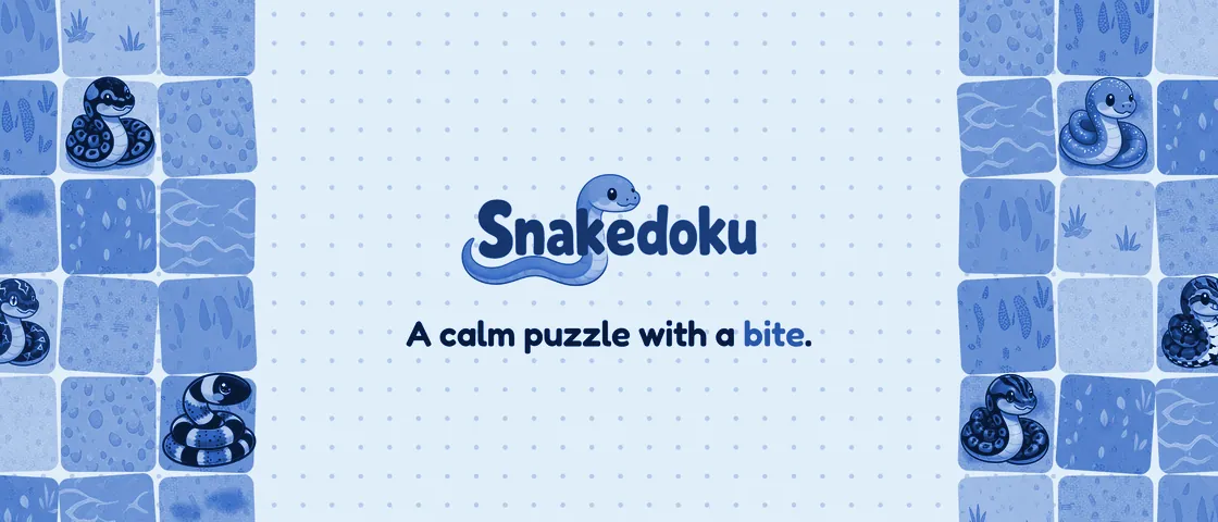 The Snakedoku banner in blue tones: the Snakedoku logo with a smiling snake, the line “A calm puzzle with a bite,” framed by tiles of cartoon snakes.